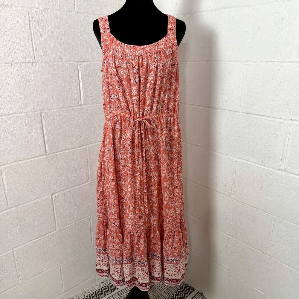 BeachLunchLounge Floral Midi Dress Ruffle Tie Waist BoHo Cottage Peasant Size XL